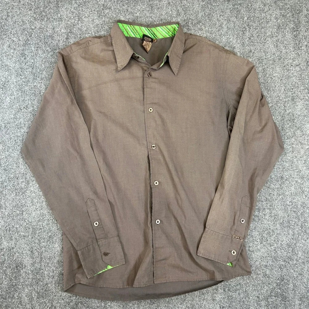 Vintage Split Mens Long Sleeve Button Down Shirt Brown Green Trim Skater Large